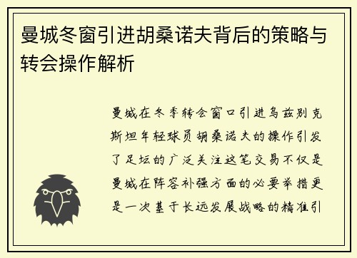 曼城冬窗引进胡桑诺夫背后的策略与转会操作解析