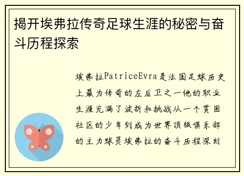 揭开埃弗拉传奇足球生涯的秘密与奋斗历程探索